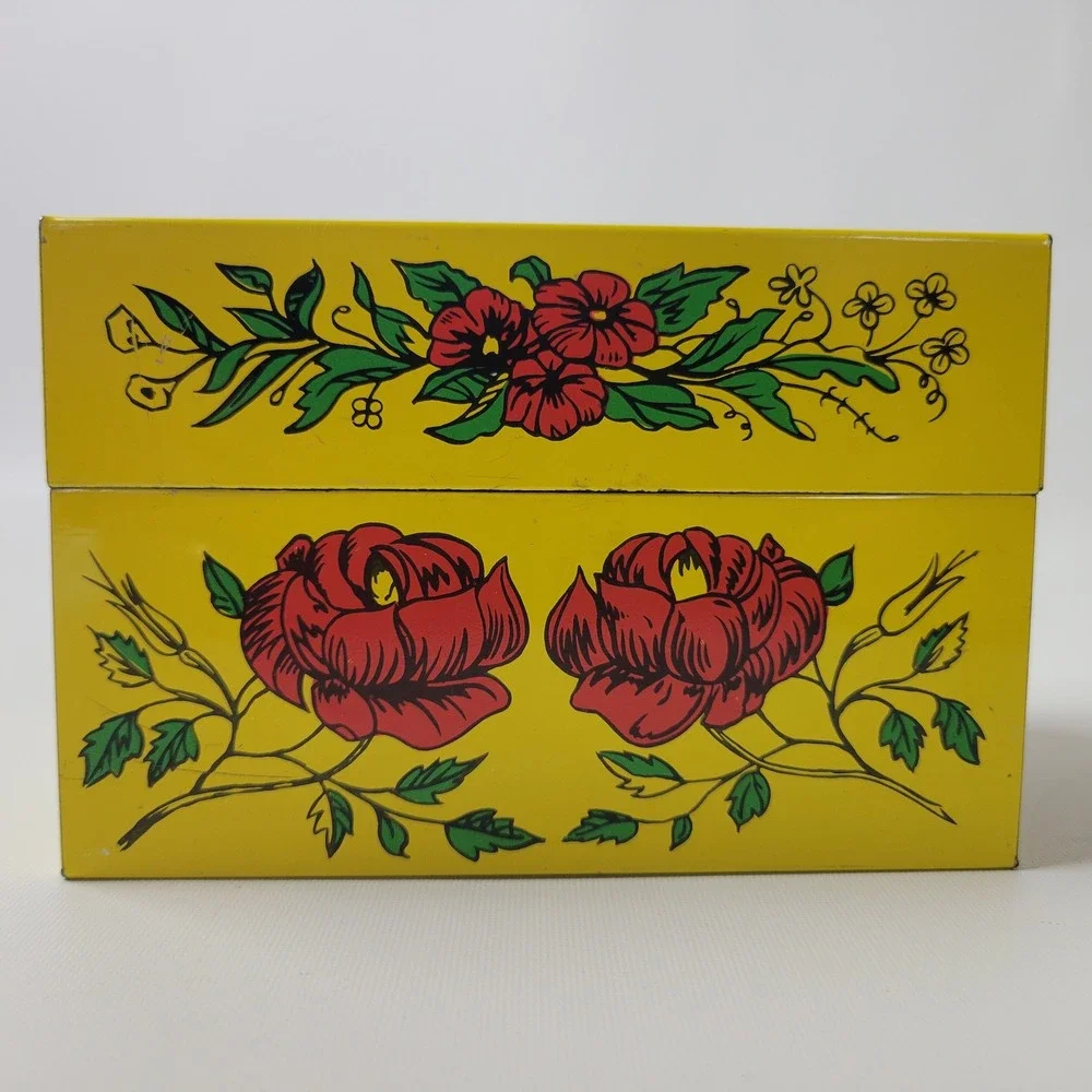 Vintage Syndicate Mfg Co Yellow Floral Rose Metal Tin Recipe Storage Box
